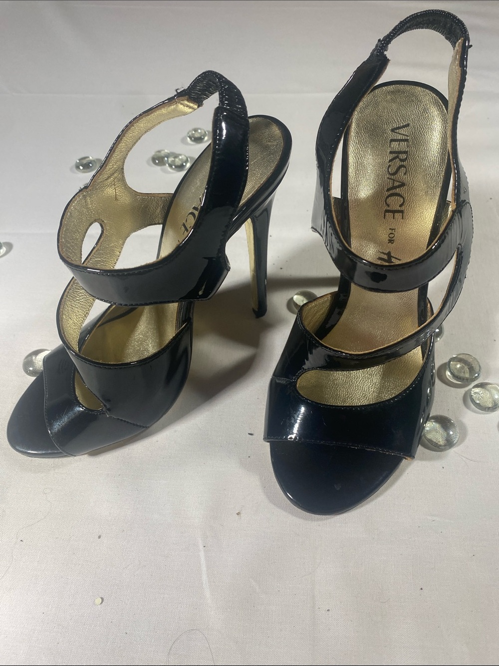 Versace for H&M Black Patent Leather Open-Toe Stiletto Heels with Gold Insole